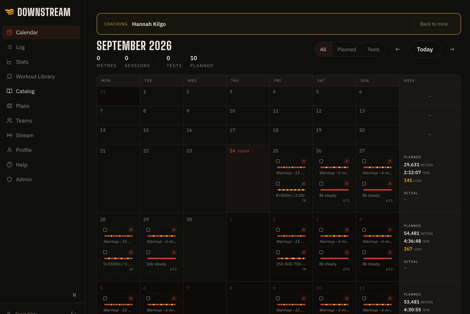 Coach calendar — the squad's week, who rowed and who's behind